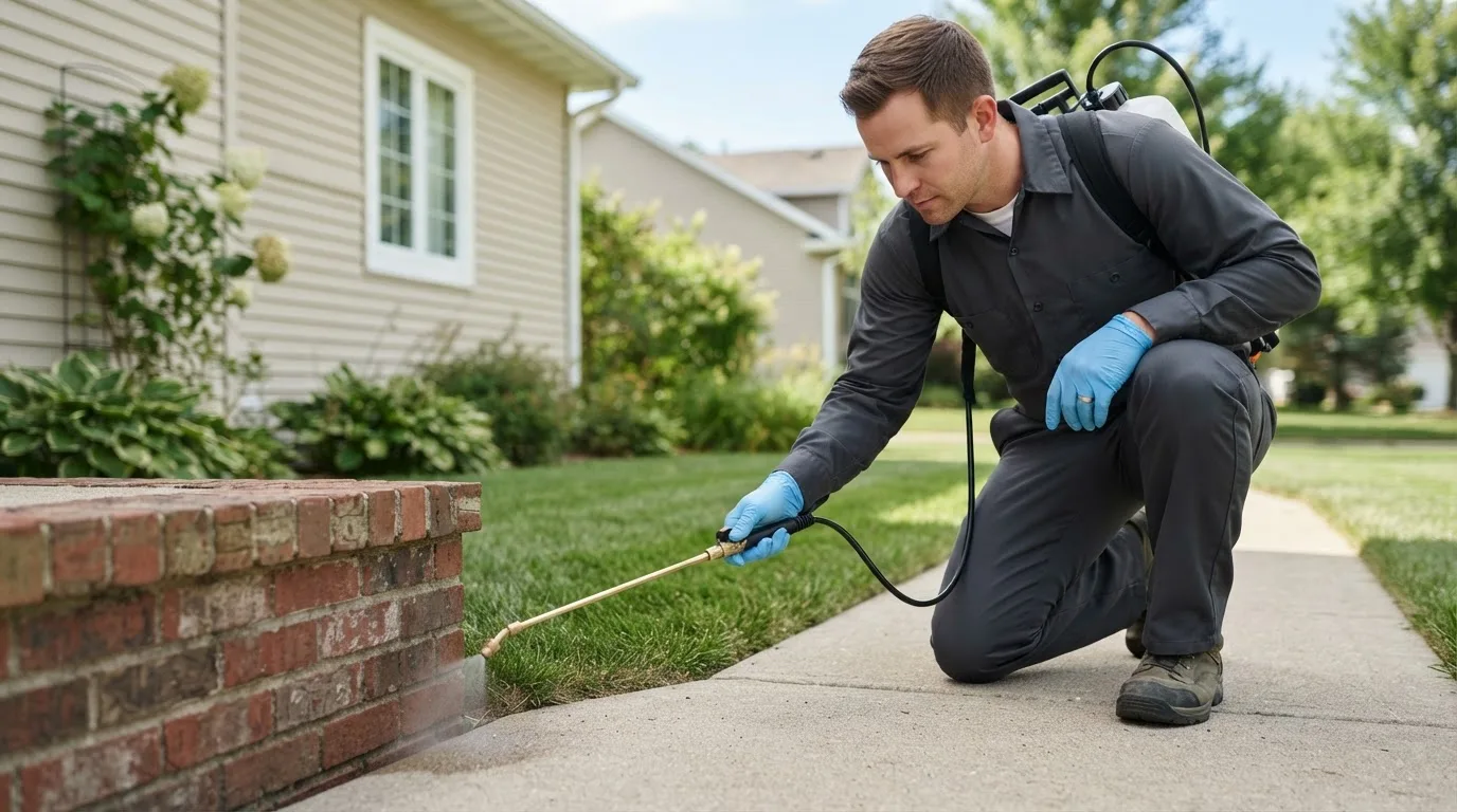 Pest control technician treating a home near Eden, WI